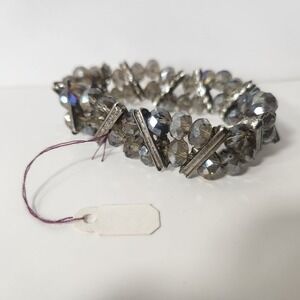 Vintage Smoke Grey Iridescent Glass Bead Stretch Bracelet Silver Tone‎ Art Deco